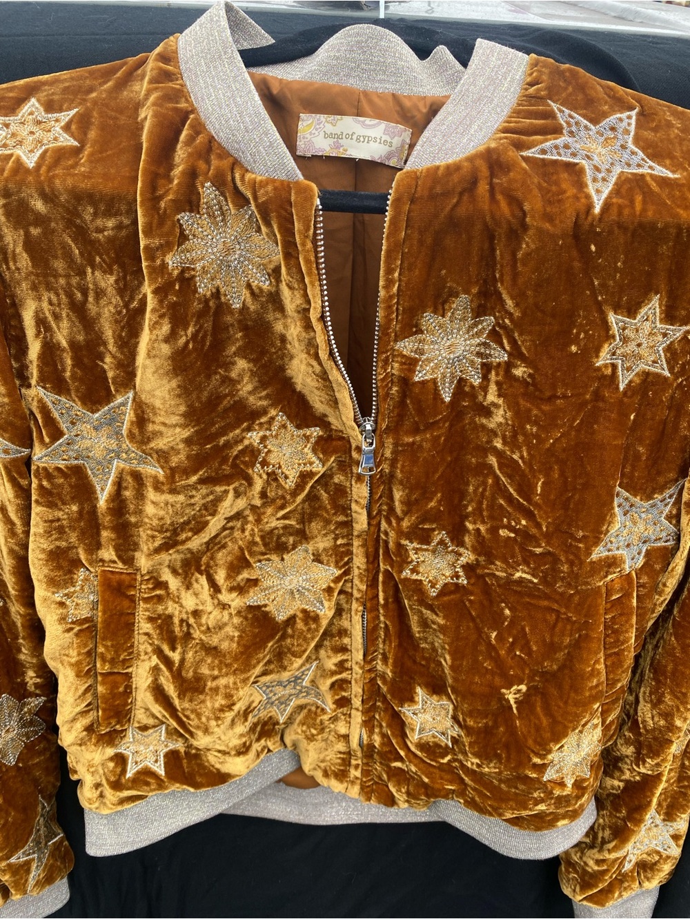 Band of Gypsies Golden Mustard Velvet Star Embroidered Bomber Jacket